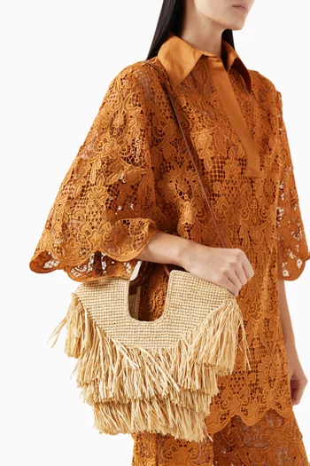 Small Goldentime Fringe Tote in Raffia