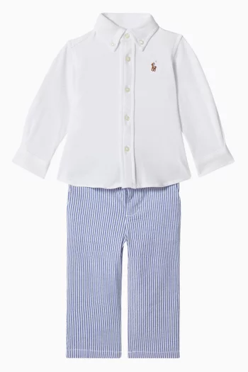 Logo Shirt & Striped Pants Set in Cotton