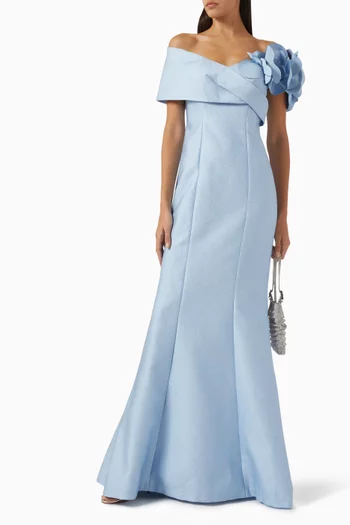 3D-flower Off-shoulder Gown in Jacquard