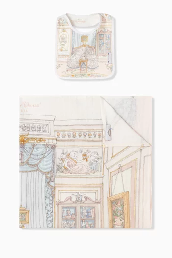 French Bedroom-print Carré Blanket & Bib Set in Organic Cotton