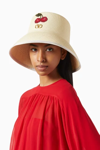 VLOGO Signature Embroidered Bucket Hat in Raffia