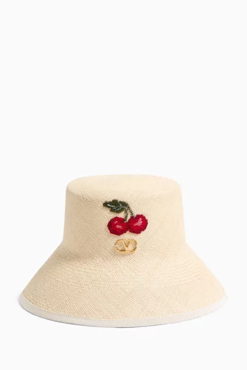 VLOGO Signature Embroidered Bucket Hat in Raffia