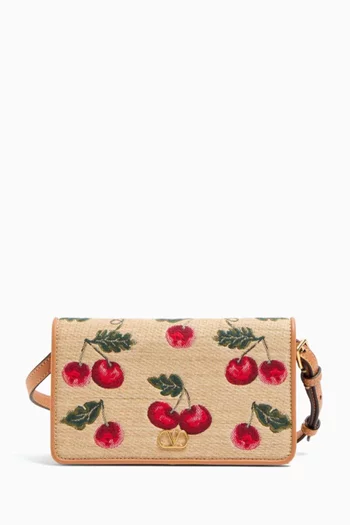 VLOGO Signature Mini Shoulder Bag in Cherry-printed Raffia