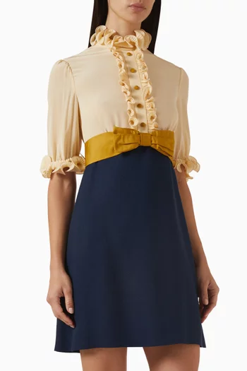 Ruffled Bow Mini Dress in Crepe de Chine & Viscose