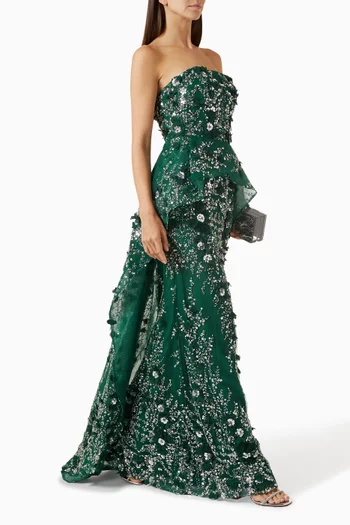 3D Floral-applique Gown in Tulle