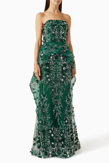 3D Floral-applique Gown in Tulle