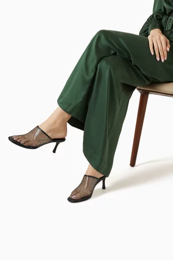 حذاء بام مفتوح ومرصع بكريستال بكعب 70 مم قماش شبكي