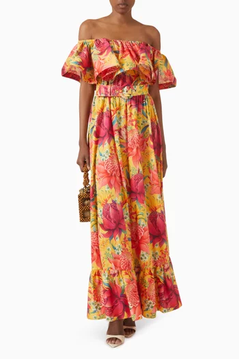Floral Belted Off-shoulder Maxi Dress in Cotton