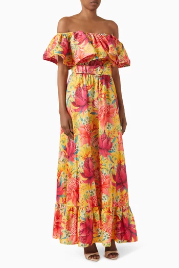 Floral Belted Off-shoulder Maxi Dress in Cotton