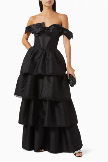 Layered Off-shoulder Gown in Satin & Mesh