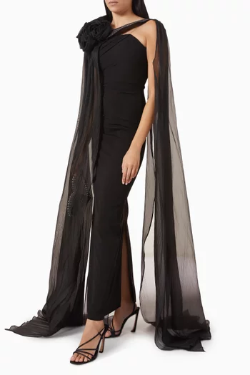 Embellished Cape Dress in Satin & Chiffon