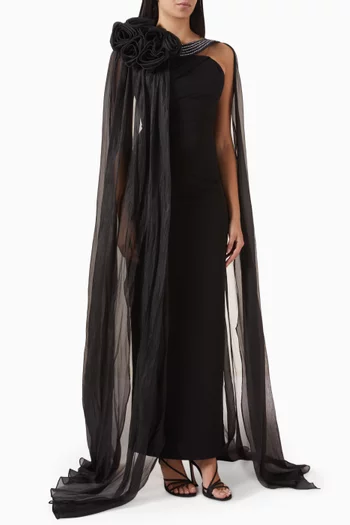 Embellished Cape Dress in Satin & Chiffon