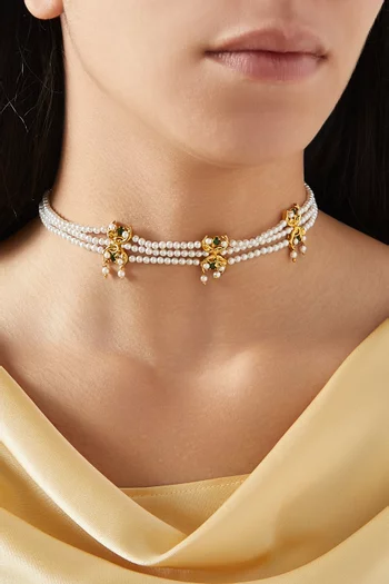 Lunar Blossom Zirconia Pearl Choker in 24kt Gold-plated Brass