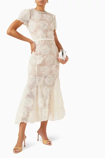 Belted Midi Dress in Tulle Lace