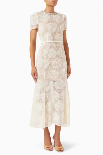 Belted Midi Dress in Tulle Lace