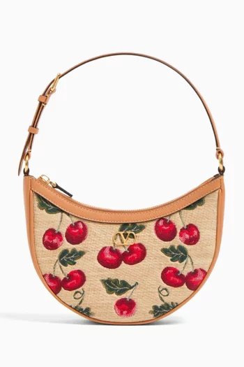 VLOGO Signature Mini Hobo Bag in Cherry-printed Raffia