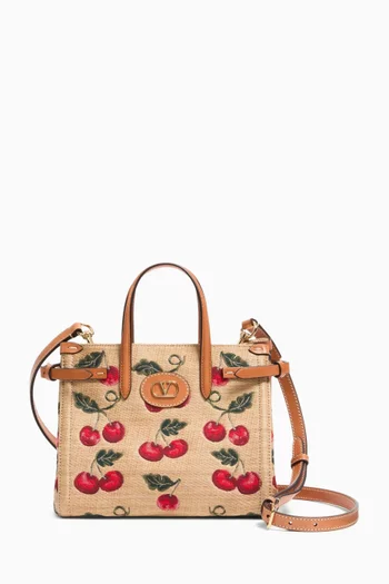 Small Antibes Cherryfic Tote Bag in Raffia Jacquard