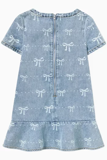 Bow-print Flared Dress in Cotton-denim