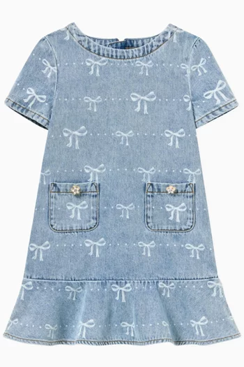 Bow-print Flared Dress in Cotton-denim