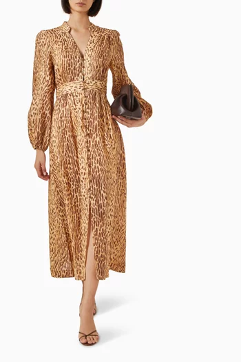 فستان كاسكيديان متوسط الطول بفتحة رقبة عميقة كتان