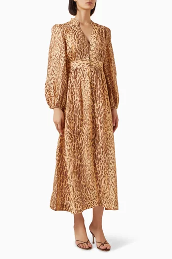 فستان كاسكيديان متوسط الطول بفتحة رقبة عميقة كتان