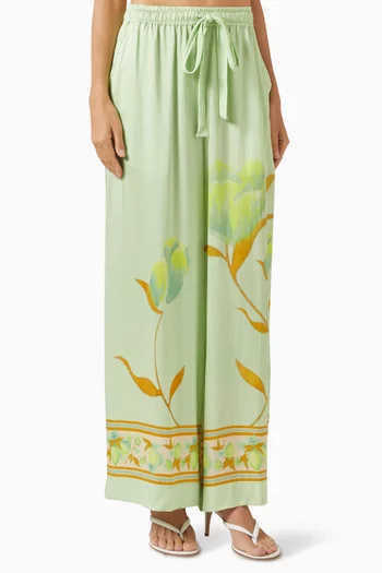 Tulips Elastic-waist Pants in Viscose Satin
