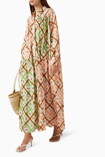 Tartan Billow-sleeve Maxi Dress in Cotton