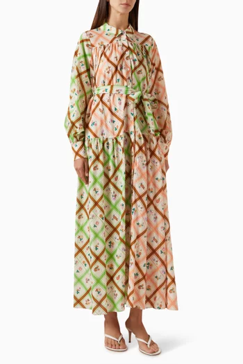 Tartan Billow-sleeve Maxi Dress in Cotton