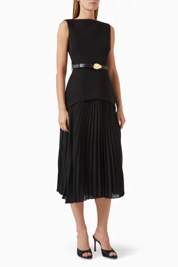 Belted Pleated-skirt Midi Dress