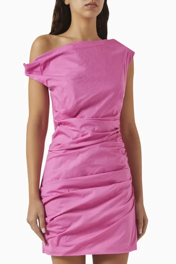 Ruched Off the Shoulder Mini Dress in Poplin