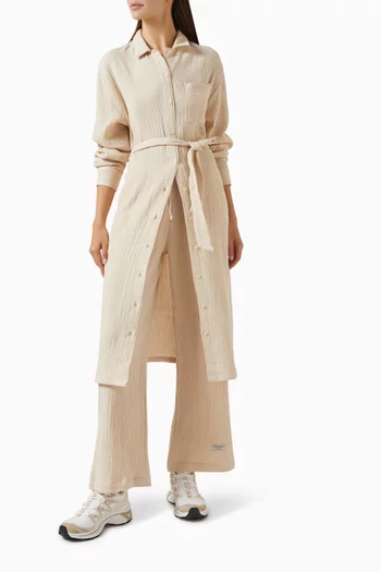 Belted Shirt Midi Dress in Crinkled-cotton