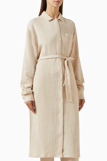 Belted Shirt Midi Dress in Crinkled-cotton
