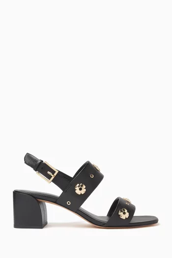 Flower Stud Block Sandals in Leather