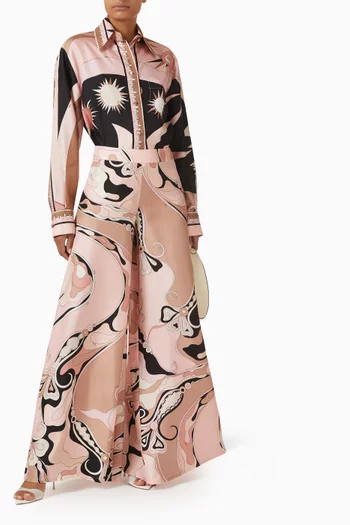 Orchidee-print Wide-leg Pants in Silk-twill