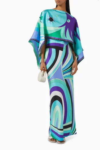 Iride-print Cape Maxi Dress in Silk Twill
