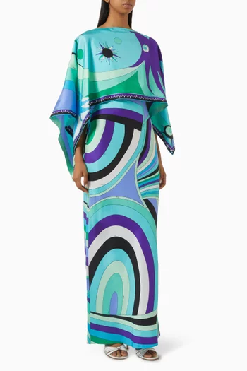 Iride-print Cape Maxi Dress in Silk Twill