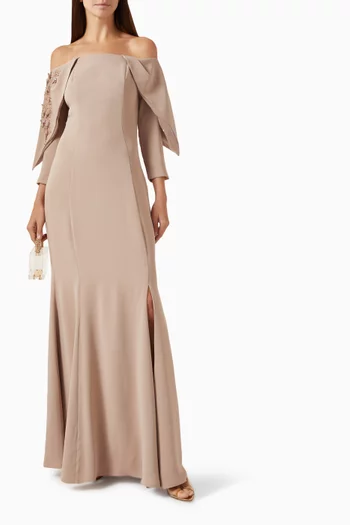 Embellished Off-shoulder Dress in Crepe