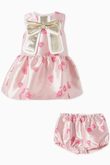 Gilded Bow Dress & Bloomers Set in Jacquard Satin