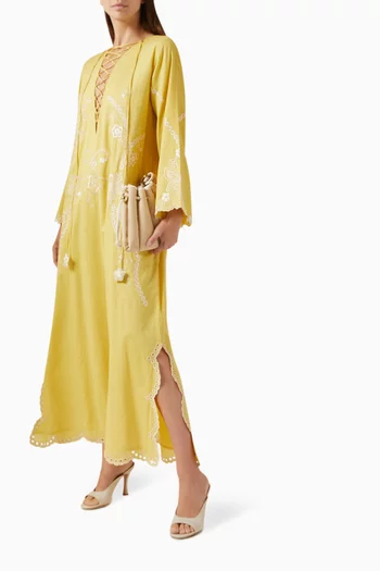 Embroidered Lace-up Kaftan in Cotton
