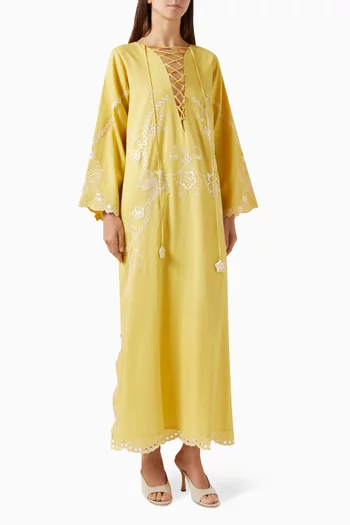 Embroidered Lace-up Kaftan in Cotton