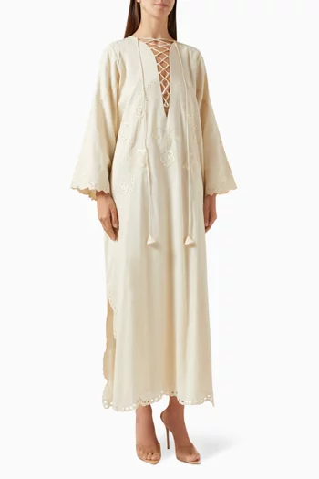 Embroidered Lace-up Kaftan in Cotton