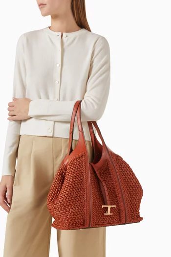 Medium T Timeless Tote Bag in Raffia & Leather