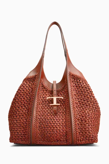 Medium T Timeless Tote Bag in Raffia & Leather