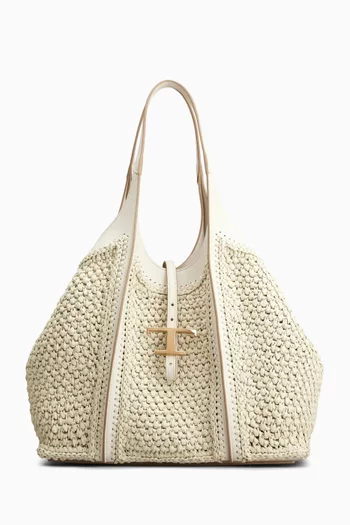 Mini T Timeless Shopping Bag in Raffia & Leather