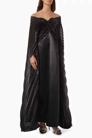 Pleated Off-shoulder Cape Dress in Organza