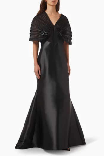 Pleated-sleeve Gown in Satin & Organza