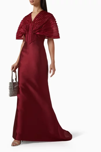 Pleated-sleeve Gown in Satin & Organza