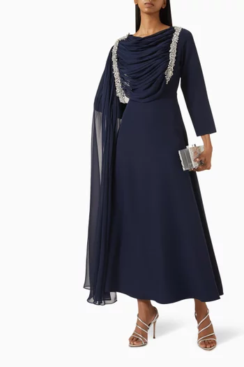Crystal Brooch Cape Maxi Dress in Chiffon & Crepe