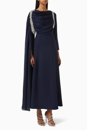Crystal Brooch Cape Maxi Dress in Chiffon & Crepe
