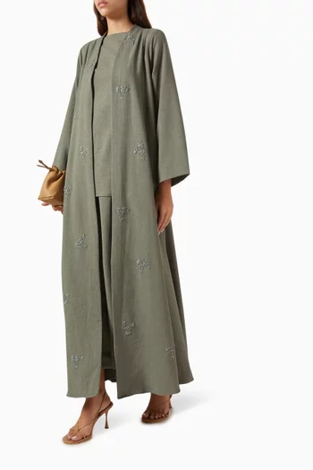 4-piece Embroidered Abaya Set in Cotton-linen